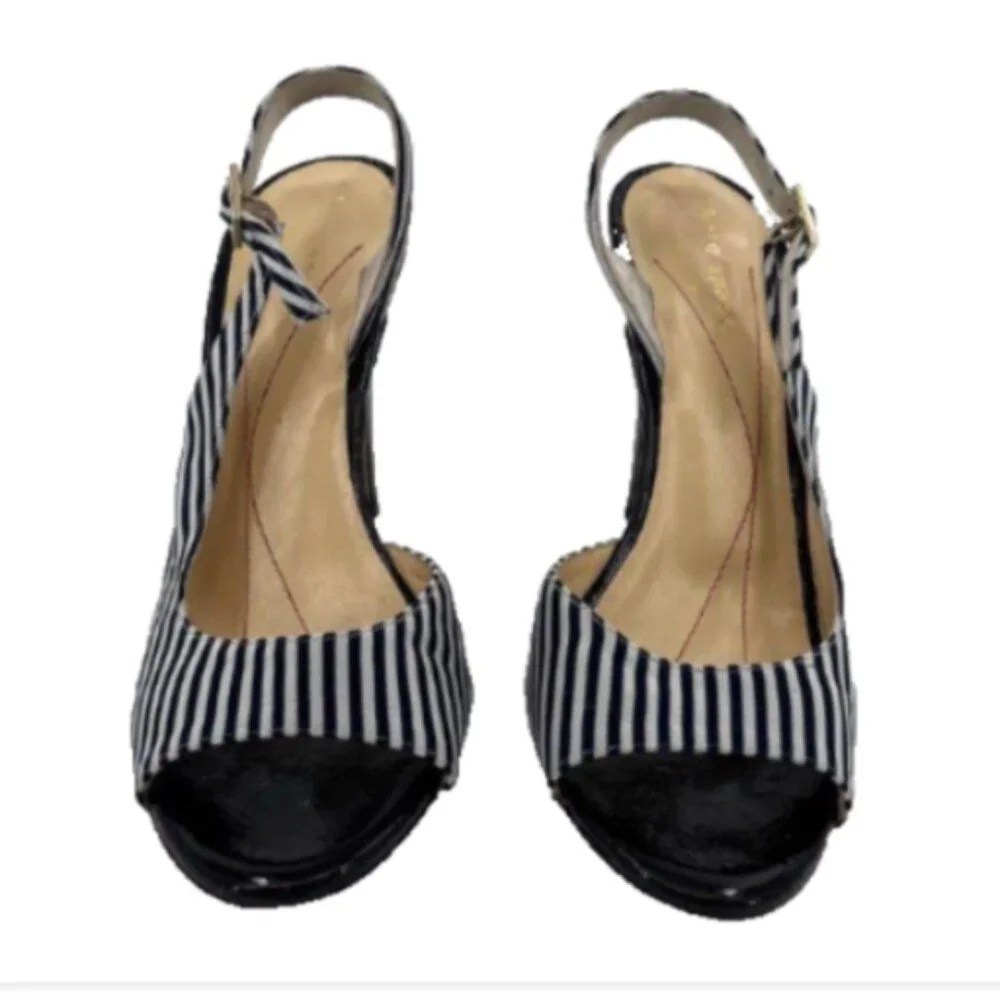 Kate Spade Designer Slingback Heels 6.5B Black White Pinstripe Classic Chic EUC